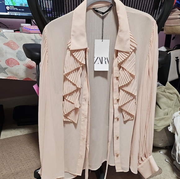 Zara ruffled shirt blouse front tie - Picture 2 of 4